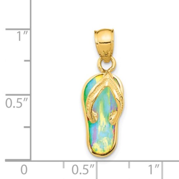 14k Yellow Gold Nautical 3D Created White Opal Flip Flop Necklace Charm Pendant - Picture 2 of 4
